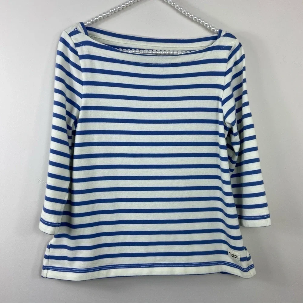 Kate Spade Stripe Brooke Street Ruffle Blue & Cream Pima Cotton Top Large